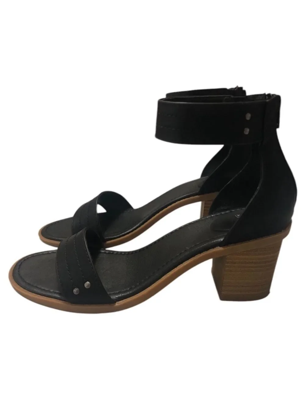 FRYE & CO 11 ZAKI Black Studded Ankle Strap Back Zip Stacked Block Heel Sandals